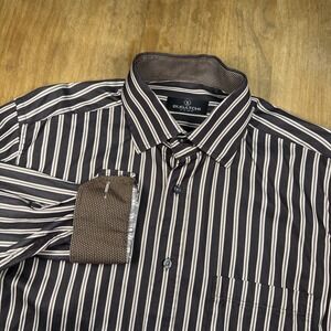 Bugatchi Uomo Long Sleeve Button Down Shirt Mens L Brown Stripe Flip Cuff